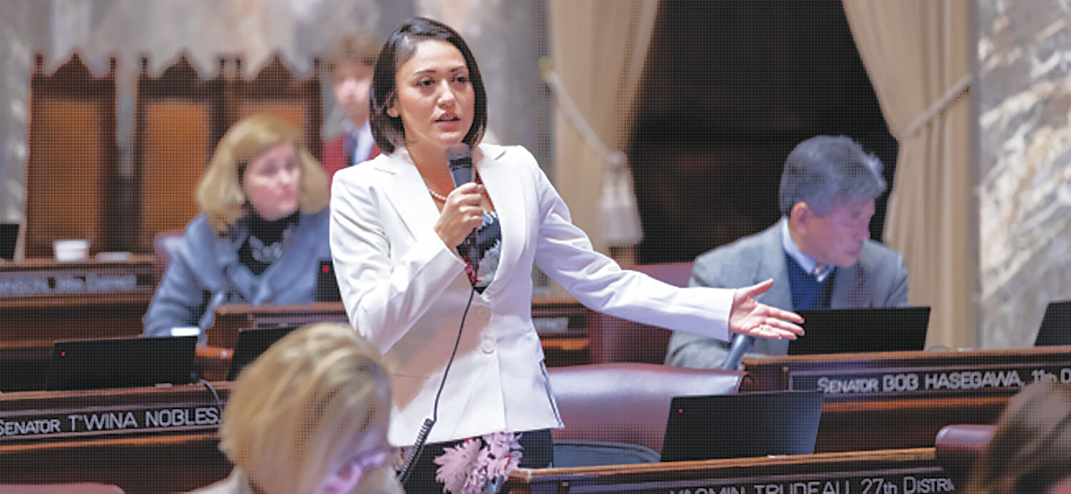 Sen. Yasmin Trudeau, D-Tacoma, prime sponsor of SB 6009, addresses the Senate. A bill banning the use of hogtying by the police was approved by the Senate.