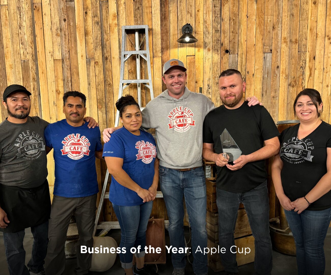 The team from Apple Cup Cafe poses with the Business of the Year award at the Lake Chelan Chamber of Commerce's annual awards dinner on Sept. 27. The cafe is currently operating from a temporary location at the Lake Chelan Community Center after a fire damaged its main premises.