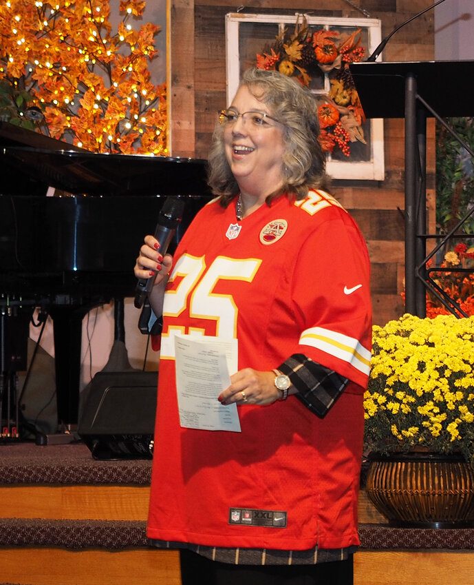 The Pregnancy Options Center of Warren County had its annual banquet Oct. 26, at the Child Evangelism Fellowship center in Warrenton. Robin Olsen, chief executive officer, wore a KC Chiefs jersey in honor of guest speaker, Dan Meers, the Kansas City Chiefs Hall of Fame mascot. Meers is a motivational speaker and shared the ups and downs of wearing a tail. He encouraged volunteers and supporters of the center to continue to serve area families as they struggle with difficult decisions.