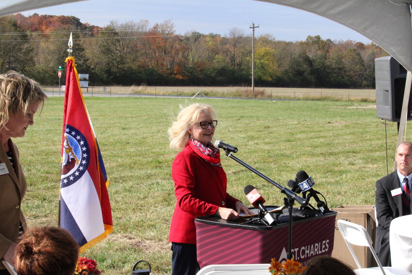 St. Charles Community College President Dr. Barbara Kavalier speaks to the crowd during the Oct. 25 groundbreaking ceremony in Wentzville. "Recognizing that future growth is projected for the westernmost part of our region, we decided to head west," she said in her remarks.