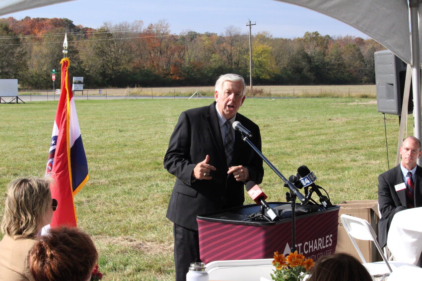 Missouri Gov. Mike Parson addresses the crowd during the Oct. 25 ground breaking ceremony at the site of the future Regional Workforce Innovation Center in Wentzville. "If you don't have that, you're not going to get new businesses," Parson said in his remarks. "That's why this today is so important."