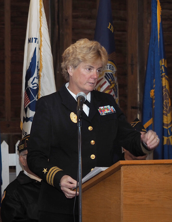 Commander Patti Lee spoke during the Veterans Day program at Daniel Boone Post 180 in Marthasville Saturday, Lee serves in the Naval Reserve and teaches Officer Training in Newport, R.I. She is a retired health and P.E. teacher from the Francis Howell School District. She has served 28 years with the Naval Reserves, including one year spend in Southern Africa after the World Trade Center tragedy in 2001.