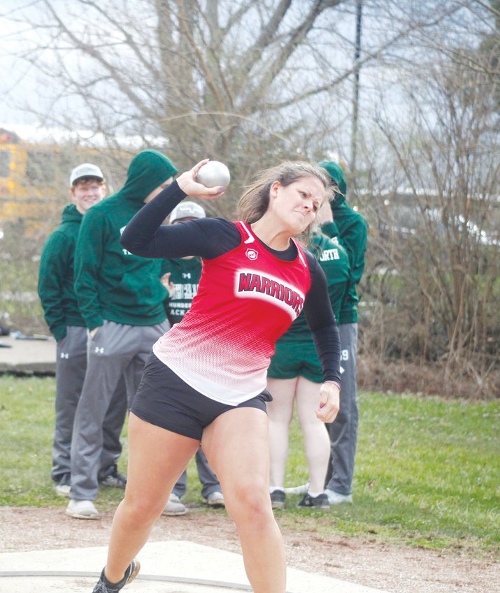 SEASON OPENER &mdash; Warrenton&rsquo;s Kassidy Haller, above left, tosses a shot put at the Montgomery County Early Invite on March 23. Haller finished seventh with a throw of 26 feet, .75 inches. 	Theo Tate photos.