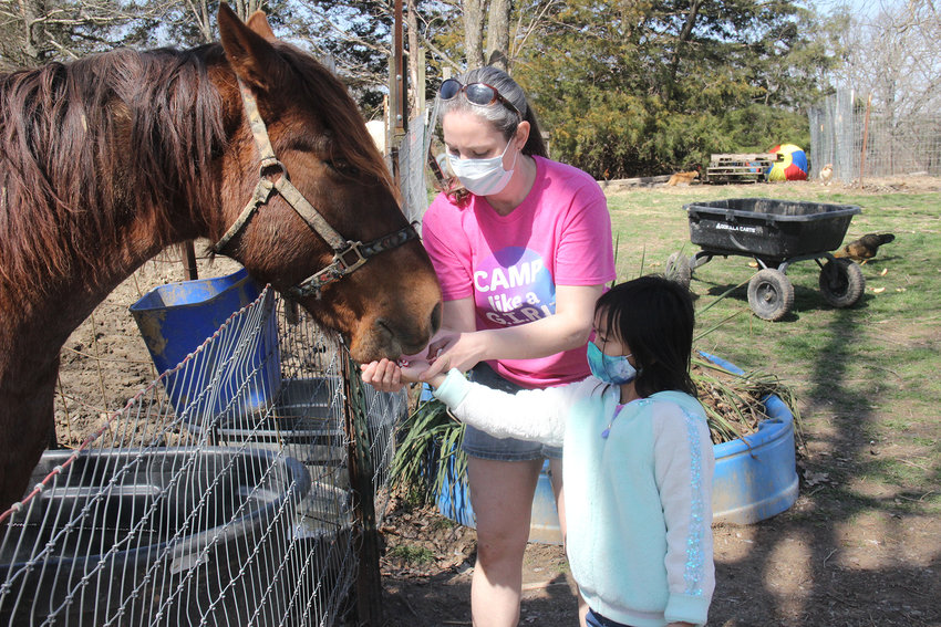 Troop chaperone Dori Glenn helps Girl Scout brownie Lily Fries feed mints to a horse during a trip to the No Time To Spare animal shelter in Pendleton on March 27. The Girl Scouts came from St. Charles County for an educational visit.      Adam Rollins photo.