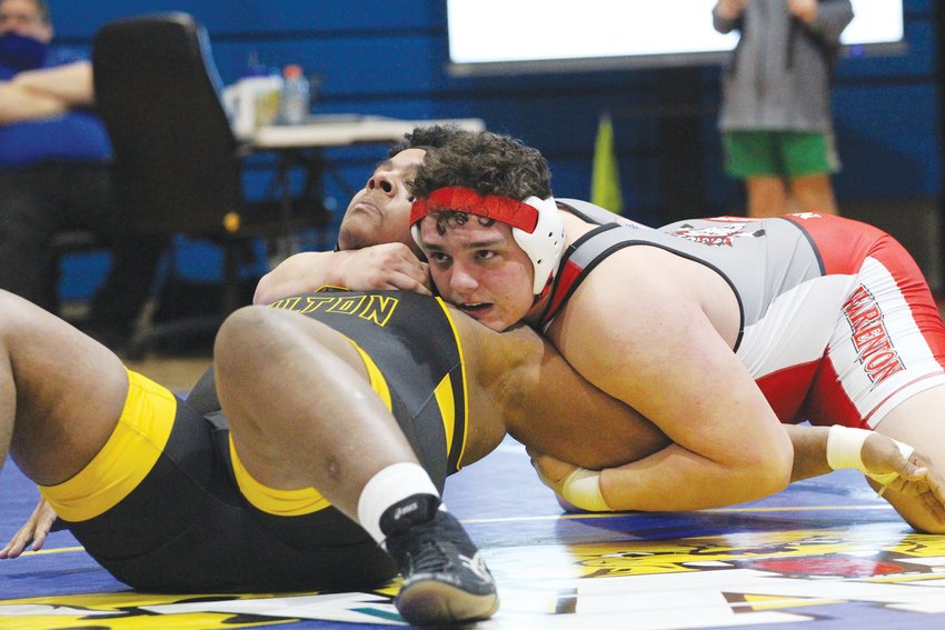 GAINING CONTROL &mdash; Warrenton senior Josh Napier controls his opponent during the heavyweight match of the opening round of the Wright City Tournament on Saturday.      Derrick Forsythe photo.