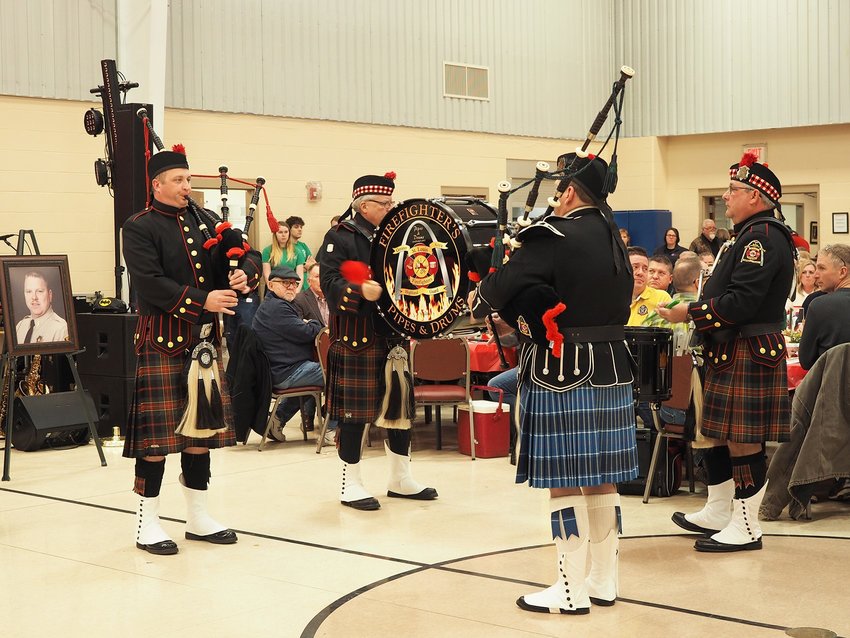 The Greater St. Louis Firefighters Pipes and Drums were on hand to open the Warren County Backstoppers fundraising event Saturday, Feb. 15.     Cindy Gladden photo.