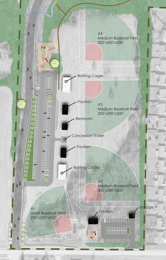 Shown here are preliminary plans for the front section of Wright City&rsquo;s future park on Westwoods Road, featuring four baseball fields. The city has selected a contractor to begin clearing trees, moving dirt and installing utility lines.