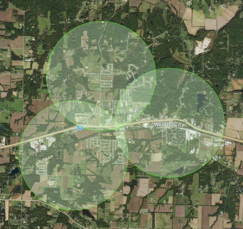 This map shows the coverage area of new tornado sirens to be installed in Wright City in January 2022.