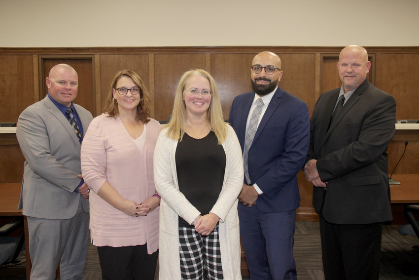 NEW LEADERS FOR WRIGHT CITY &mdash; Michelle Heiliger, center, was appointed to serve as Wright City&rsquo;s mayor by her fellow aldermen on Oct. 14. Karey Owens, in pink, was appointed to Heiliger&rsquo;s newly open seat on the board of aldermen. With them, from left, are aldermen Nathan Rohr, Ramiz Hakim and Don Andrews.