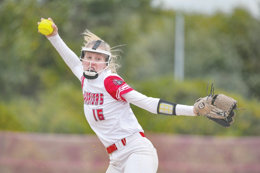 Warrenton Warriors Kathryn McChristy (16) throws a pitch in the Class 4 Quarterfinals game played on Thursday, October 21, 2021 at Incarnate Word Academy in Bel-Nor, MO.