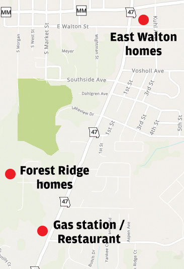 This map shows the locations of three proposed developments in Warrenton. Aldermen rejected the two housing projects this month, while the gas station is pending a final vote.
