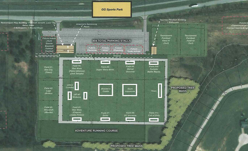 PAINTBALL PARK &mdash; This diagram, provided by project engineers, shows the initial proposed layout and potential future expansions of Good Game Sports Park, a recreational facility currently under development in Truesdale.