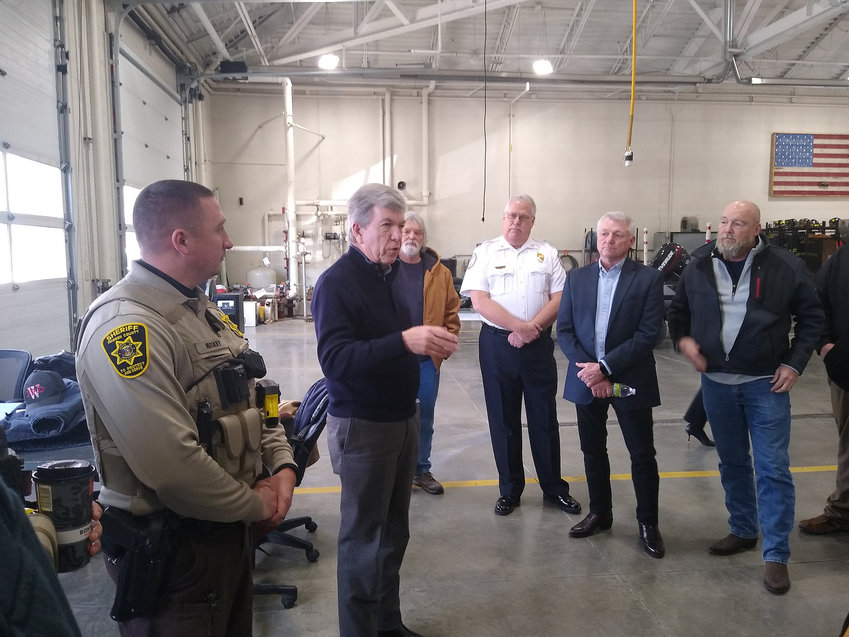 SENATOR VISITS &mdash; U.S. Senator Roy Blunt addresses a group of first responders, emergency board members and city leaders during a weekend visit to the Warrenton Fire District station on South Highway 47. Blunt came to Warrenton as part of two stops that he made on Saturday, Feb. 12.
