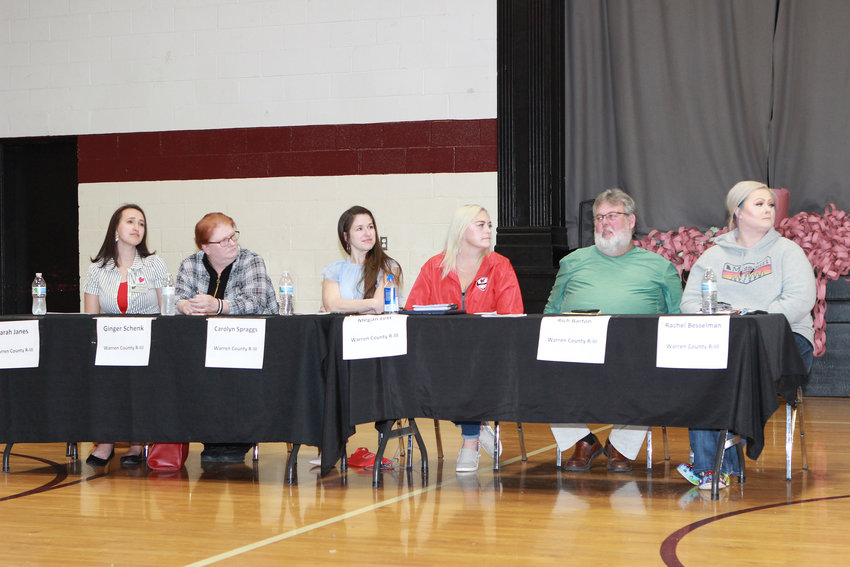 R-III CANDIDATES &mdash; Candidates for the Warren County R-III School Board prepare to address a forum hosted at Liberty Christian Academy. Wright City R-II candidates also spoke at the event. Pictured, from left, are Sarah Janes, Ginger Schenk, Carolyn Spraggs, Megan Lett, Rich Barton, and Rachel Besselman. Not in attendance: candidate Sara Marcellino.