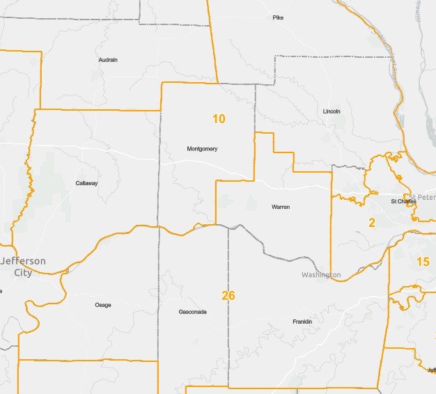 This map, from the Missouri Office of Administration, shows the new boundaries of the Missouri State Senate's 10th District and 26th District. Warren County is changing districts as part of 10-year redistricting.