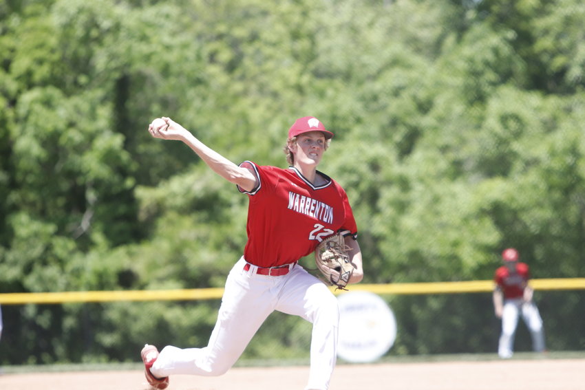 Tyler Oliver delivers a pitch during Monday's district quarterfinal win over McCluer. Warrenton will face St. Dominic in the district semifinals Tuesday.