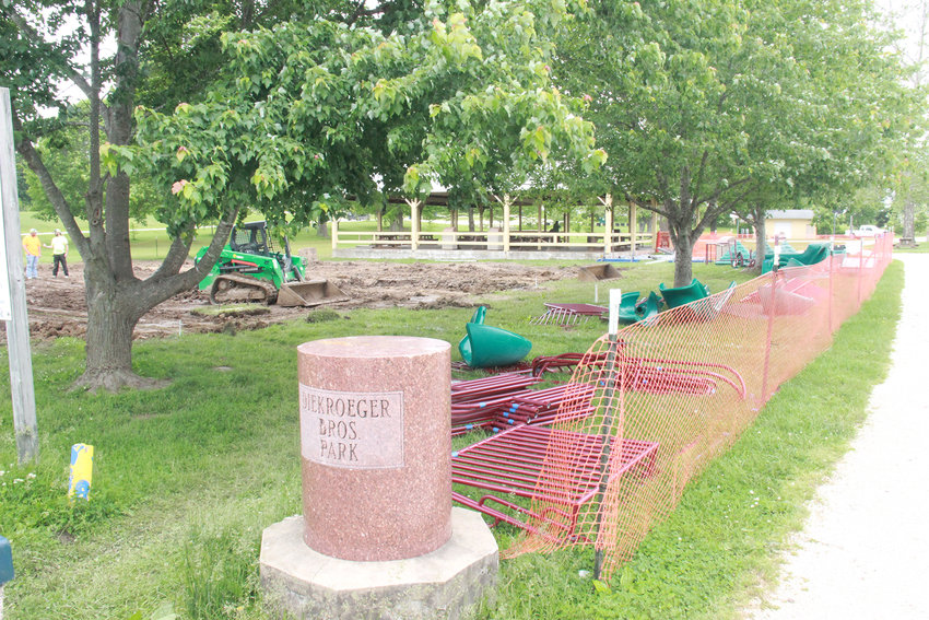 PLAYGROUND CONSTRUCTION &mdash; The old playground at Diekroeger Park in Wright City has been demolished in preparation for installation of new playground equipment, seen disassembled above. Crews will also improve drainage, install soft surfacing, and add paving around the playground.