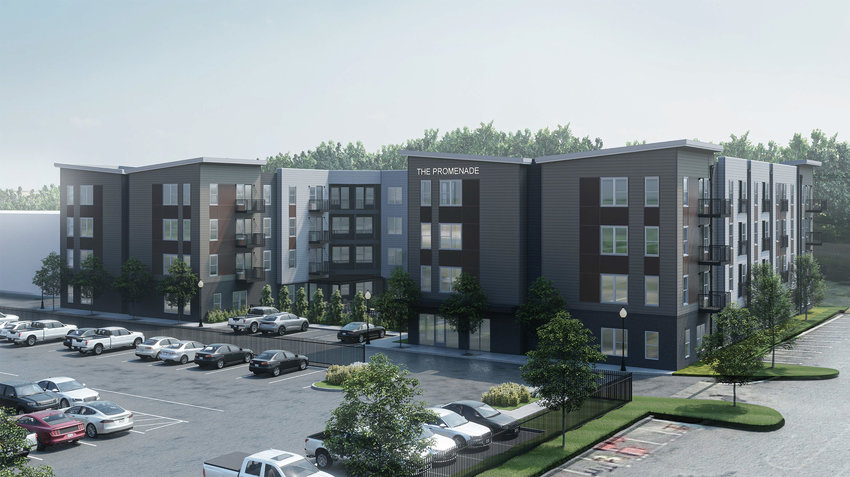 MALL APARTMENTS &mdash; A developer is asking Warrenton to help secure tax breaks for proposed construction of a four-story apartment building at the Shoppes at Warrenton mall. This image provided by the developer shows a rendering of the proposed building.
