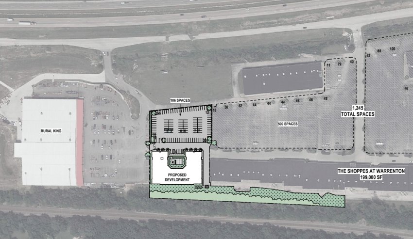 This site map submitted by the developer shows the area that would be dedicated to proposed apartments at the mall in Warrenton. Most of the green space for the units is in a thin strip of land behind the mall, near the railroad tracks.