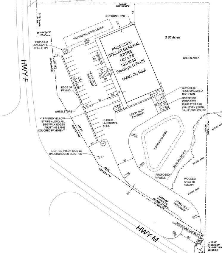 STORE PLAN &mdash; This site plan submitted to the village of Innsbrook shows the proposed layout of a Dollar General store at the intersection of Highway F and Highway M. The store would be the first retail center in the village outside of shops serving the Innsbrook Resort.