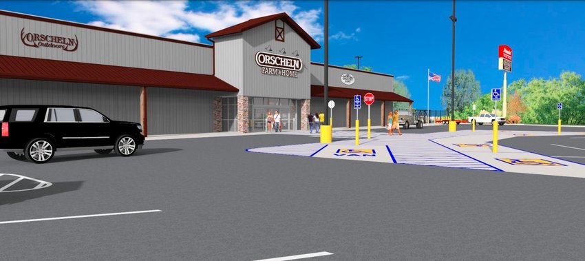 NEW ORSCHELN STORE &mdash; This rendering shows the intended exterior design of a proposed new Orscheln Farm and Home store in Warrenton. The store would be located on the north side of the Schnucks plaza and will be twice the size of Warrenton&rsquo;s current Orscheln store.
