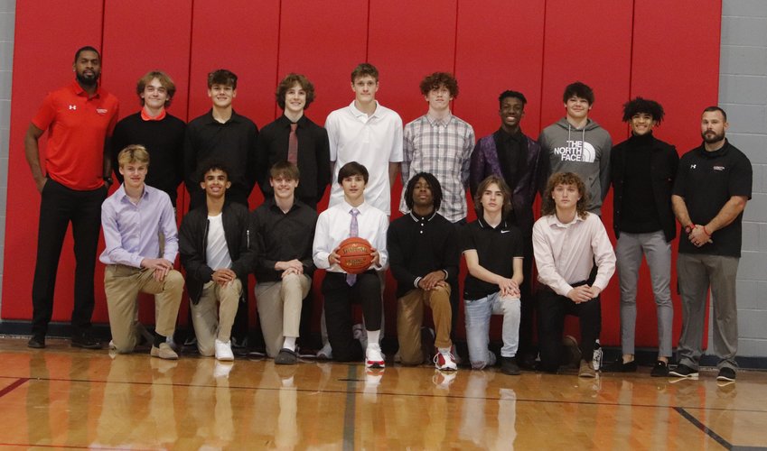 Members of the Warrenton boys basketball team, are, front row, from left: Brodey Meier, Deadrick Forrest, Mason Thompson, Brandon Johnson, Taeheb Perkins, Eli Peth, Jay Sanders. Back row, from left: Assistant Coach Antonio Holland, Kannon Hibbs, Maison Rader, Troy Anderson,  Tyler Oliver, Evan Schenck, Jamarion Fulton, Aiden Bond, Deacon Forrest and Head Coach Mark Thomas. Not pictured: Assistant Coach Trevor Hibbs, Andre Garduno, and Taylor Anderson.