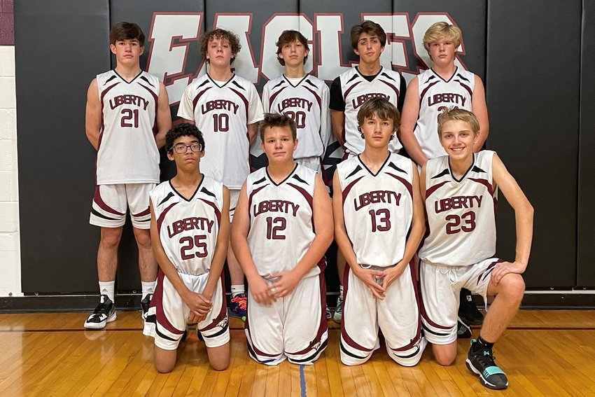 Members of the Liberty Christian Academy boys basketball team are, front row, from left: Julius Amman, Mitchell Scheer, Caleb Thiele, Clinton Queen. Back row, from left: Jack Duvel, Brody Kuehn, Tommy Meyer, Zach Dames, Willie Mueller. Not pictured: Phoenix Oberman, Mason Swan.