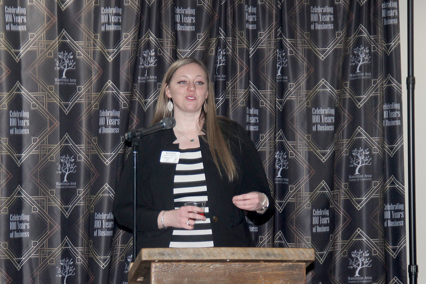 LEADING CELEBRATION &mdash; Warrenton Chamber of Commerce President Katie Joyce provides complimentary remarks at the beginning of a Jan. 13 banquet and awards ceremony marking the Chamber&rsquo;s 100th anniversary.