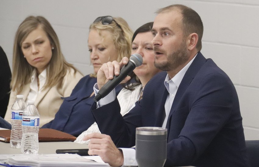 Wright City school board candidate Frank Zykan (right) answers a question at last week&rsquo;s Meet the Candidate night at Wright City Middle School. Also pictured are school board candidates Beth Dean, Heidi Box Halleman, and Monica Heppermann.