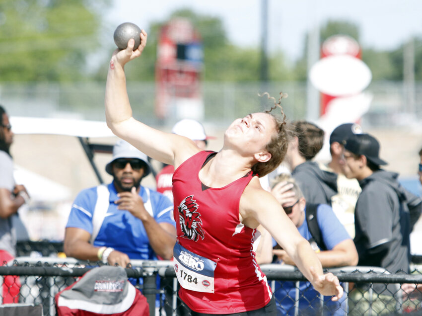 Warrenton sophomore Avery Shaw throws the shot during the Class 4 shot put competition May 27.