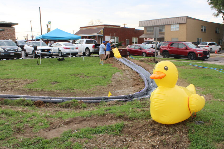 Greg Smith dumps a bucket of rubber ducks onto the 130-foot-long course in Wright City for the first heat of the $1,000 race.