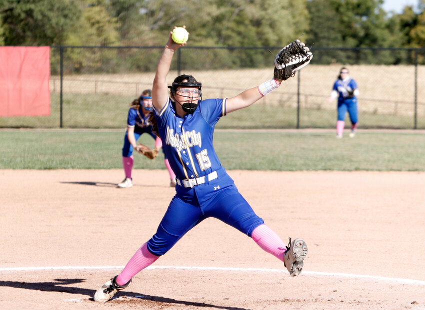 Ava Swaringen delivers a pitch to home plate during Wright City's win over STEAM Academy.