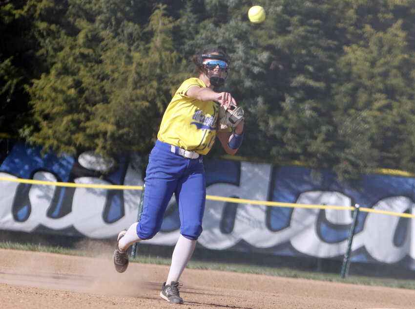 Lydia Clubb throws the ball to first base during a game against Louisiana earlier this season. Clubb was one of three Wright City players to earn first team all-conference honors.