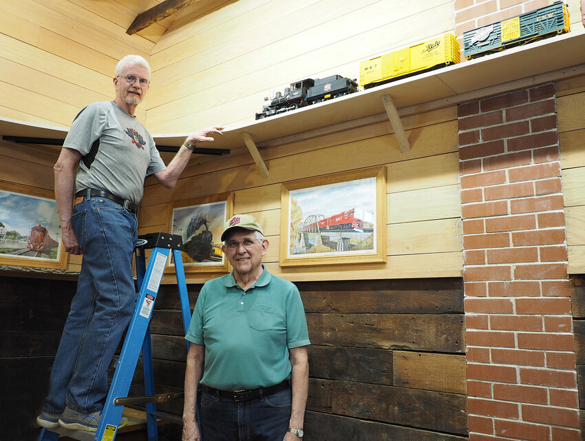 Ray Davis, left, and Raymond George, Harvester, answered the call to help with a special project at the Marthasville Depot along the Katy Trail. The Marthasville Area Chamber of Commerce has had plans to add a model train for many years and the project is currently underway. The goal is to open the Depot once a month and during special occasions to share the project with the community. Both men are members of the Katy Railroad Historical Society.
