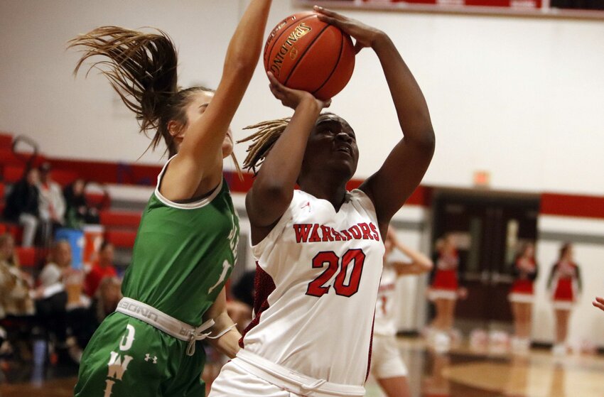 Warrenton&rsquo;s Nevaeh Hill (right) shoots over Silex&rsquo;s Austyn Van Horn during the first half of Warrenton&rsquo;s 72-57 home win over Silex on Tuesday night.