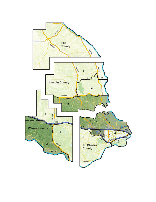 Elections are held for four of 12 district seats each year on the CREC Board of Directors. The shaded areas show districts seeking candidates for 2024. To confirm the district you live in, call 636-695-4831.
