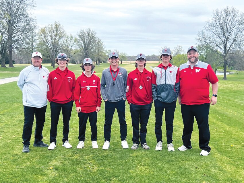 Members of the Warrenton golf team pose for a picture after the Warriors placed third at the team’s home tournament April 10. They are, from left: Coach Mike Holt, Lucas Eskew, Gavin Solari, Owen Thompson, Ethan Leavitt, Gavin Thompson, and Head Coach Aaron Jinkerson.