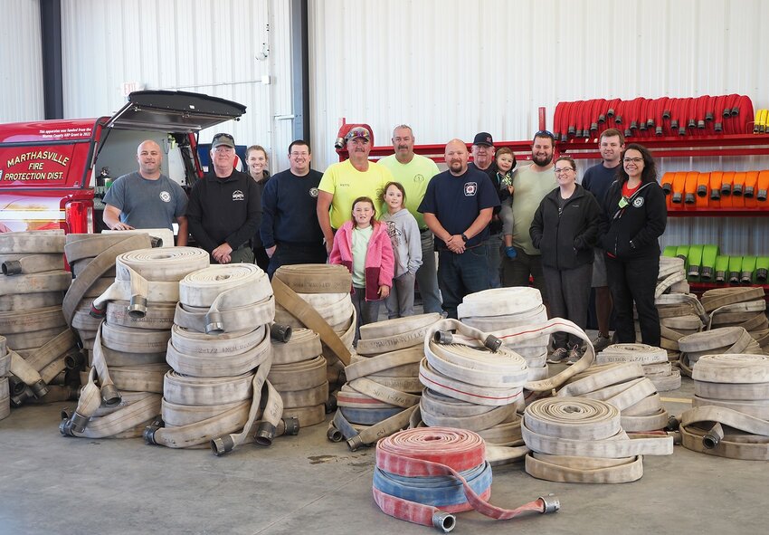 Members of the Marthasville Fire Protection District hosted several Missouri rural fire department personnel Saturday, April 20, to donate used fire equipment to their departments. The MFPD recently received a FEMA grant to replace fire hoses and nozzles and didn&rsquo;t want to waste used ones if they were needed. A total of nine departments participated, including Bakersfield, Calhoun, Caulfield, Gainesville, Grandin, Licking, Moody, Pottersville and Tecumseh fire departments.&nbsp;