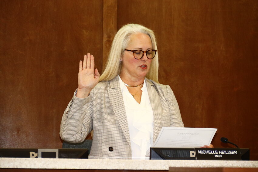 Mayor Michelle Heiliger is sworn in at the May 23 Wright City Board of Aldermen meeting. Also sworn in were aldermen Karey Owens and Ramiz Hakim.