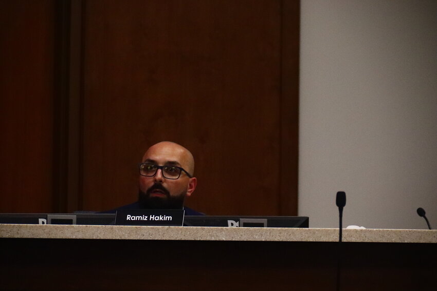 Alderman Ramiz Hakim questions Public Works Director Kyle Roettger at the July 11 meeting.