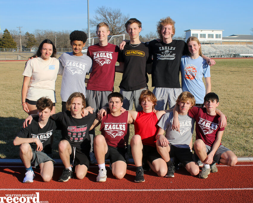 The Liberty Christian boys and girls high school track and field team are front row, from left, Van Carlisle, Cole Nelsen, Zach Goddard, Reed Bauer, Asher Lyons and Danny Duncan. Back row, from left, Caroline Keller, Jaydon Helig, Cruz Meyer, Tommy Meyer, RJ Hoffman and Morgan Boenker.