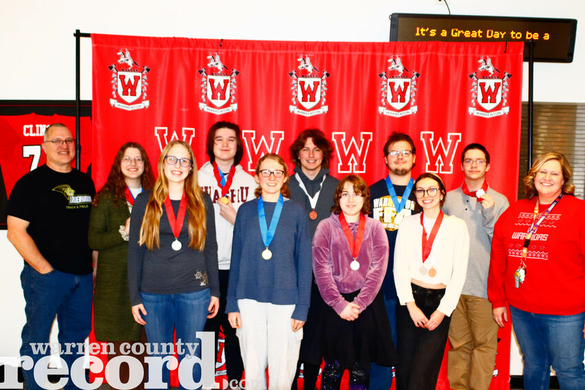 The Warrenton ACES team recently placed second at a competition on Feb. 5. Nine Warriors medaled in their respective topics. Front row, from left: Charlotte Sibert, Jerimiah Hunn, Amelia Hux and Daniel Middleton. Pictured back row, from left: Alice Briggs, Brooklyn Wells, Rylan Arndt, Mailia Hopper and Wade Petersmeyer.