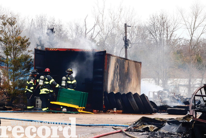 Firefighters combat the remainder of the fire at the property. First responders are still asking that people avoid the are although there is no danger to the public at this time.