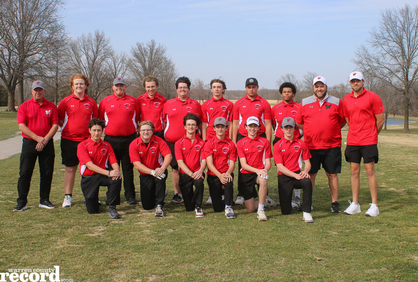 Members of the Warrenton boys golf team are front row, from left, Tyler Johnson, William Ohmes, Ethan Leavitt, Gavin Solari, Luke Bolm and Eli Peth. Back row, from left, Assistant Coach Mike Holt, Cooper Cornell, Chance Klasing, Nate Kutsch, John Poindexter, Gavin Thompson, Ty Cook, Noah Molina, Coach Aaron Jinkerson and Assistant Coach Brendan Schanuel.