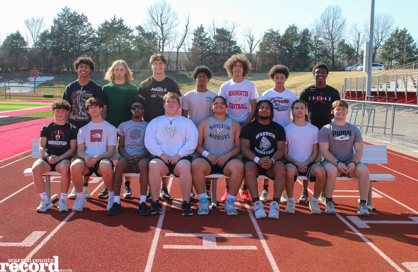 Members of the Warrenton boys track and field program are front row, Bradley Tucker, Joseph Buechner, Isham Keeper, Kyle Lauck, Marcus Greene, Javon Jones, Joe Greene and Kadin Stroer. Back row, from left, Manager Callin Carter, Noah Cline, Drake Brandriff, Isias Hernandez, Jordan Lopez, Caellum Morris and Antwian Pierce.
