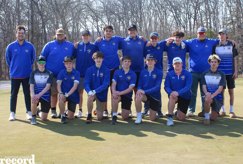 Members of the Wright City boys golf team are front row, from left, Coach Stephen McClain, Grant Stockmann, Andrew Hunn, AJ Simon, Mason Wendt, Tristan Bonnell, Sam Pohl, Dustyn Bailey and Parker Brown. Back row, from left, Landon Juden, AJ Wilber Jr., Aidan Taylor, Kye Schnarre, Johnathan Windmann, Brody Buttry and Jaden Bricker.