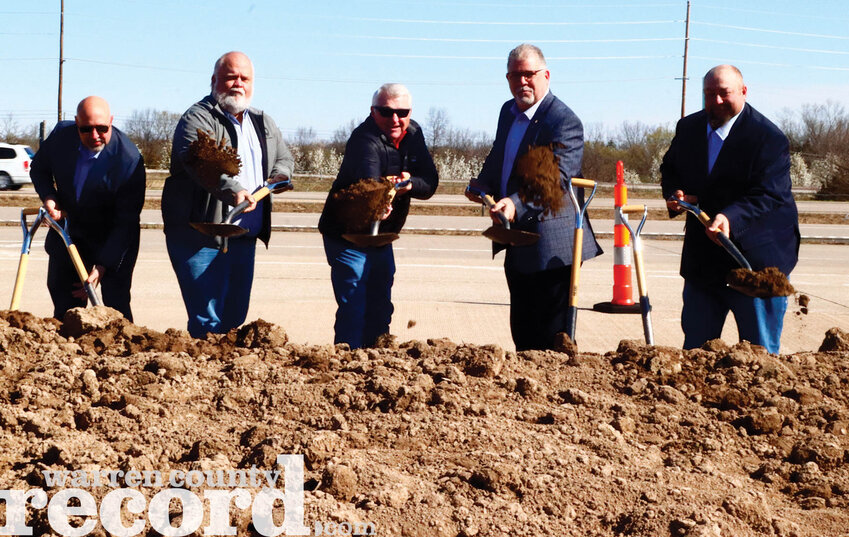 Warren County elected officials break ground on the Improve I-70 Project #2: Warrenton to Wentzville at the eastbound weigh station on I-70 east of Foristell on March 20. Pictured, from left: Warrenton Mayor Eric Schlueter, District One Commissioner Matt Flake, Ward I Alderman Larry Corder, Presiding Commissioner Joe Gildehaus and District 2 Commissioner Dave Mikus.