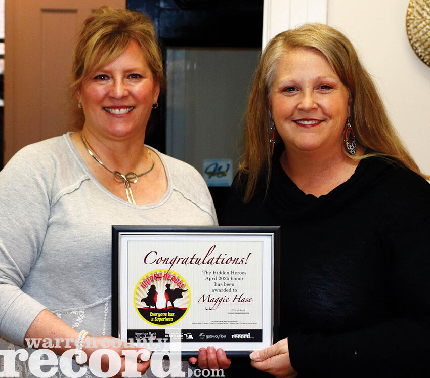 Maggie Hase, right, was presented with her Hidden Heroes Award on April 4 at the Main Street Real Estate office in Washington for her volunteer efforts with Wesleyan Kiddie Kollege. Also pictured is Westplex Media Group Sales Manager Kelley Wright, left.