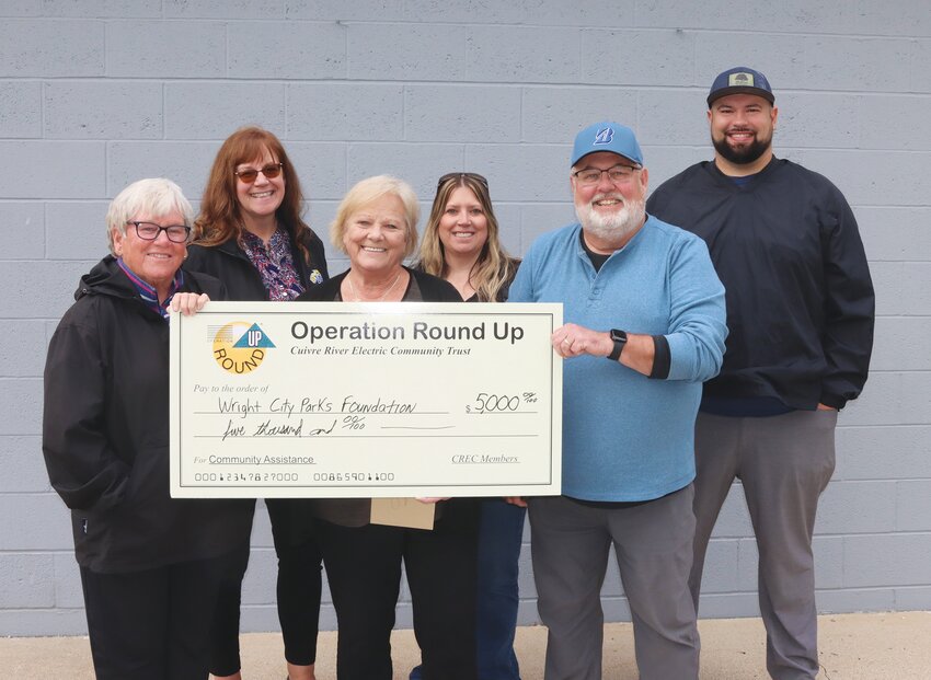 The Wright City Parks Foundation was recently awarded a $5,000 Operation Round Up grant from the Cuivre River Electric Community Trust. The funds will be used to install a batting cage at Ruge Park. Pictured, from left, are Sue Wright, Kathy Lewis, Kathy Kehoe and Tina Perry, Parks Foundation members; Rich Barton, Cuivre River Electric Community Trust Board member; and Stuart Bruning, Wright City parks director.