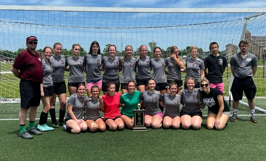 The Liberty Christian girls soccer team poses with their second-place MCSAA trophy.
